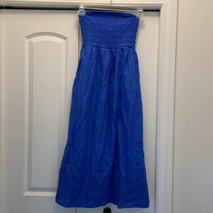 Blue strapless maxi dress with eyelet detail on bottom